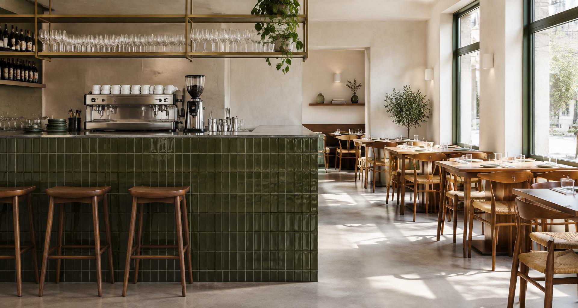 An illustrative contemporary restaurant interior with a tiled bar and sunlit tables